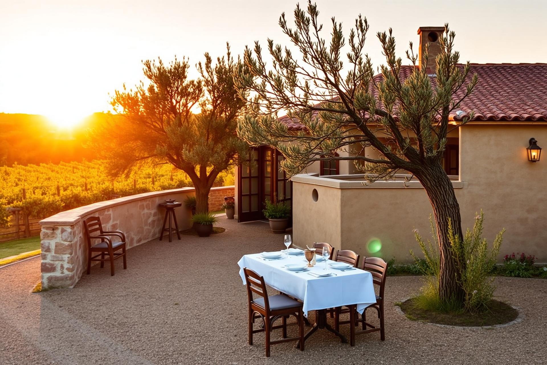 Terraza al atardecer en Finca Los Jarales con olivos y viñedo